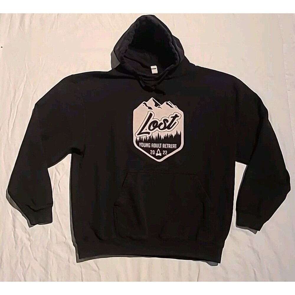 TULTEX 320 Hoodie "Lost Yung Adult Retreat" Lrg Distressed Grunge Streetwear Y2K